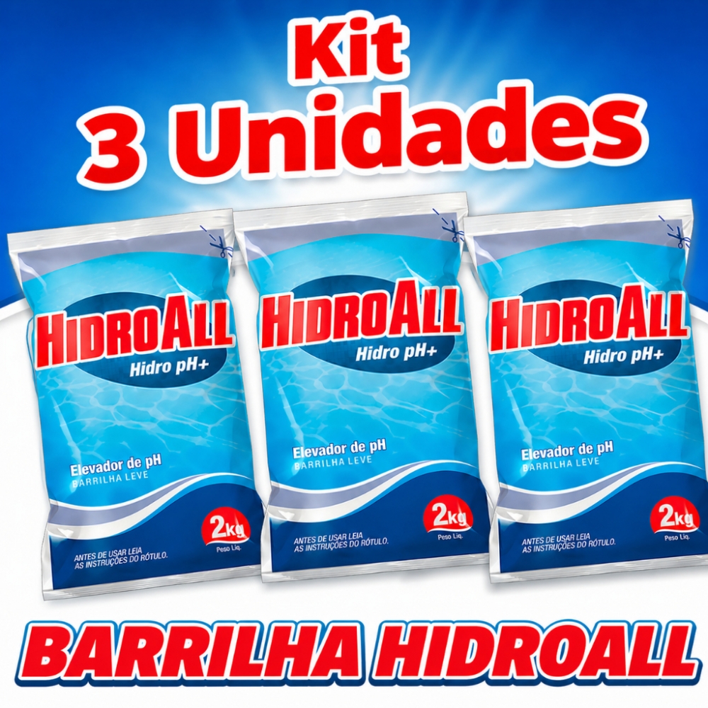 Kit 3 Unidades Barrilha Leve Hidroall Elevador de pH para Piscina 2kg Cada Água Cristalina
