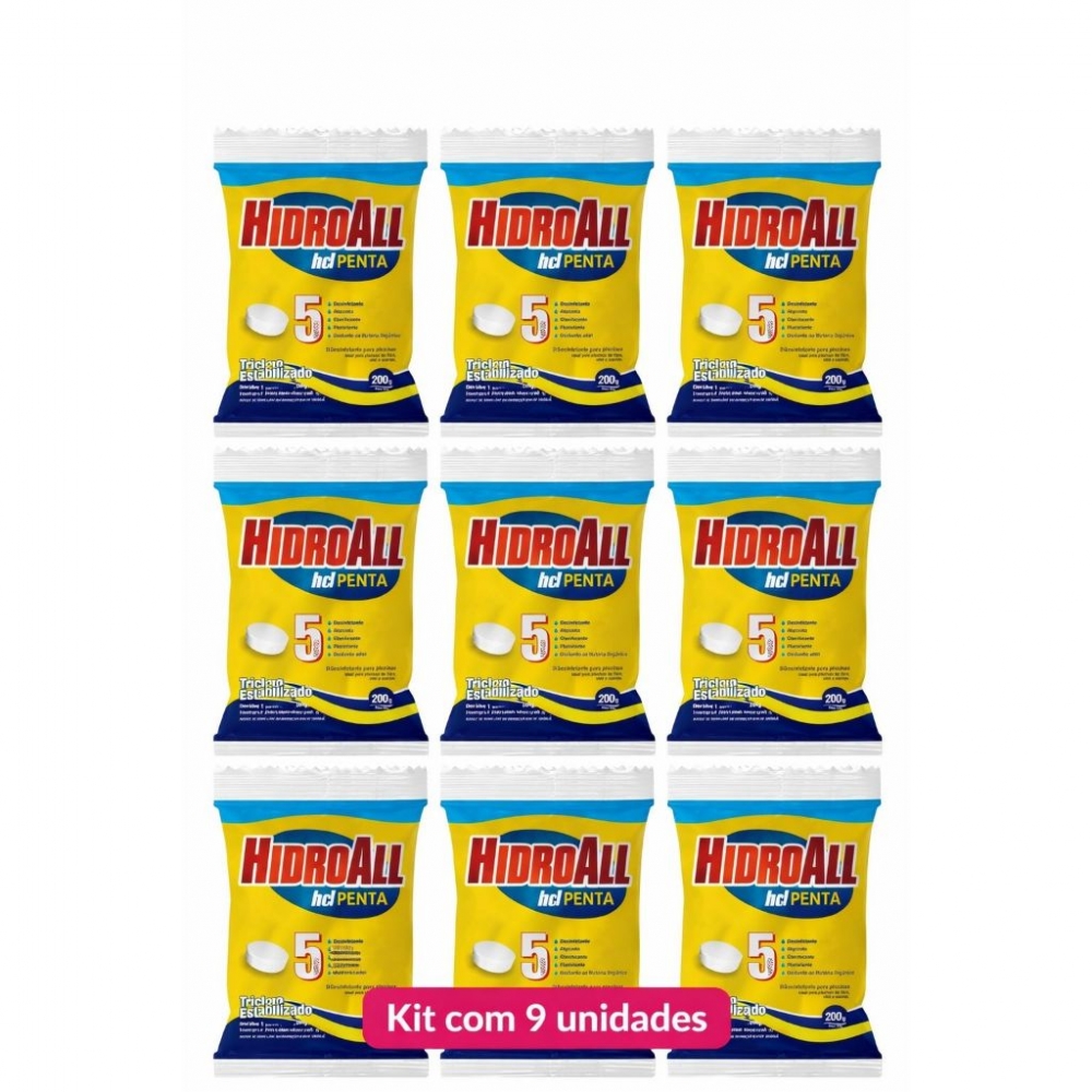 Kit 9 Pastilhas de Cloro Piscina Hcl Penta - HidroAll 5x1