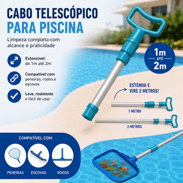 Cabo Telescópico Para Piscina 2 Metros Alumínio Reforçado