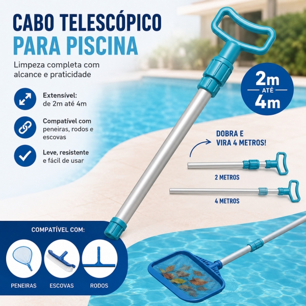 Cabo Telescópico Para Piscina 4 Metros Alumínio Reforçado